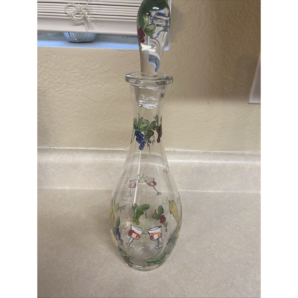 Vintage Hand Painted Wine Decanter Glass Stopper Lid Grapes Wine Cheese